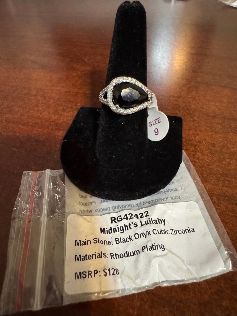 Midnight's Lullaby Black Teardrop Onyx Ring with Clear Accents - Size 9